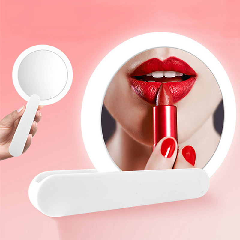 LED light USB charging round makeup mirror with folding handle