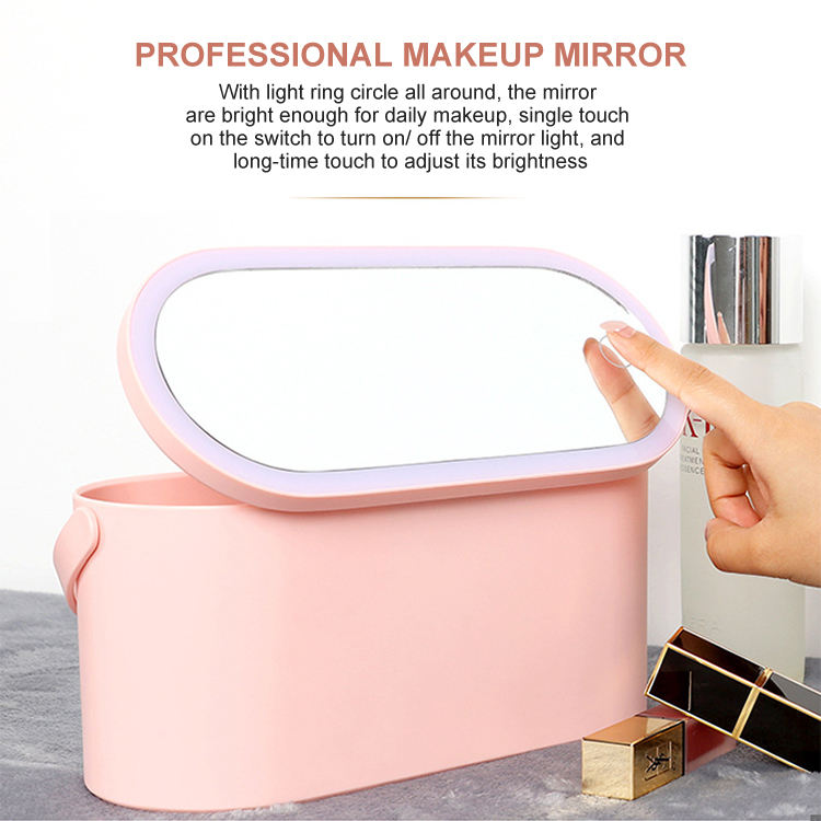 Portable Handheld Dressing Box Mirror Storage Box Makeup Box with LED Makeup Mirror