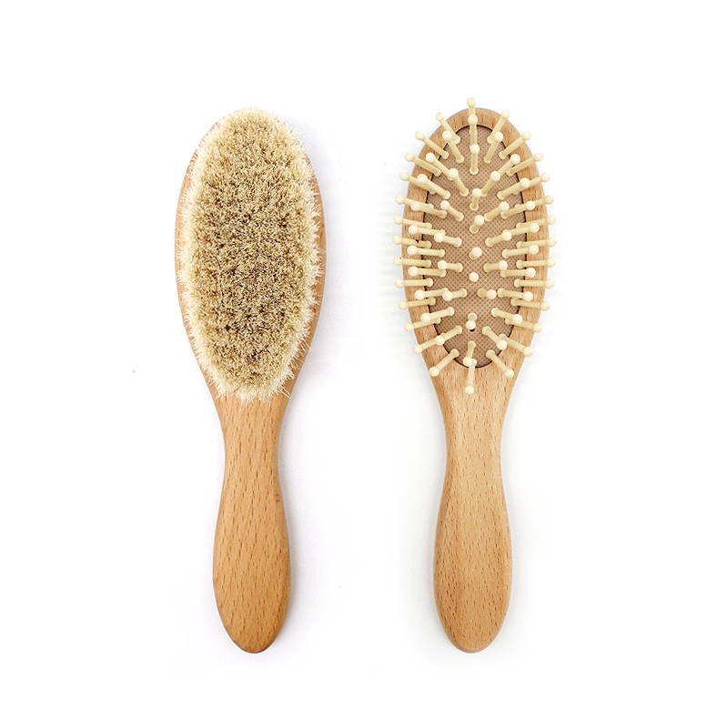 Eco-friendly portable natural beech wood soft wool fur nurse care baby hair brush