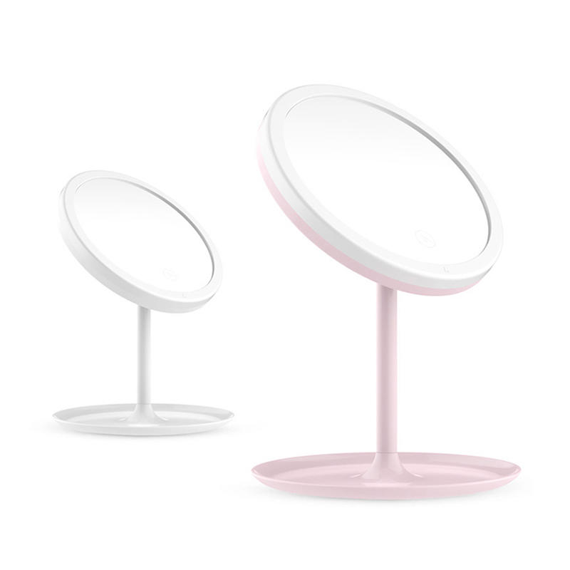 Pink LED light rotation table makeup mirror with base