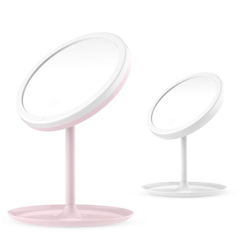 Pink LED light rotation table makeup mirror with base