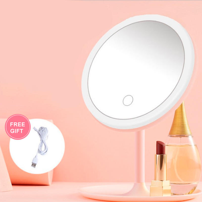 Pink LED light rotation table makeup mirror with base