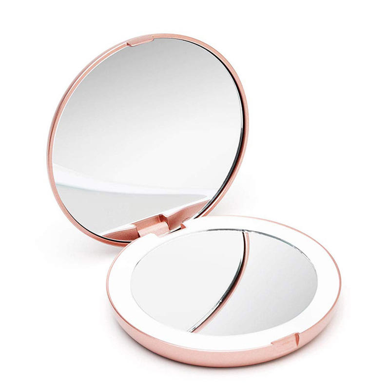 10X Magnifying folding led pink handheld makeup mirror with lights