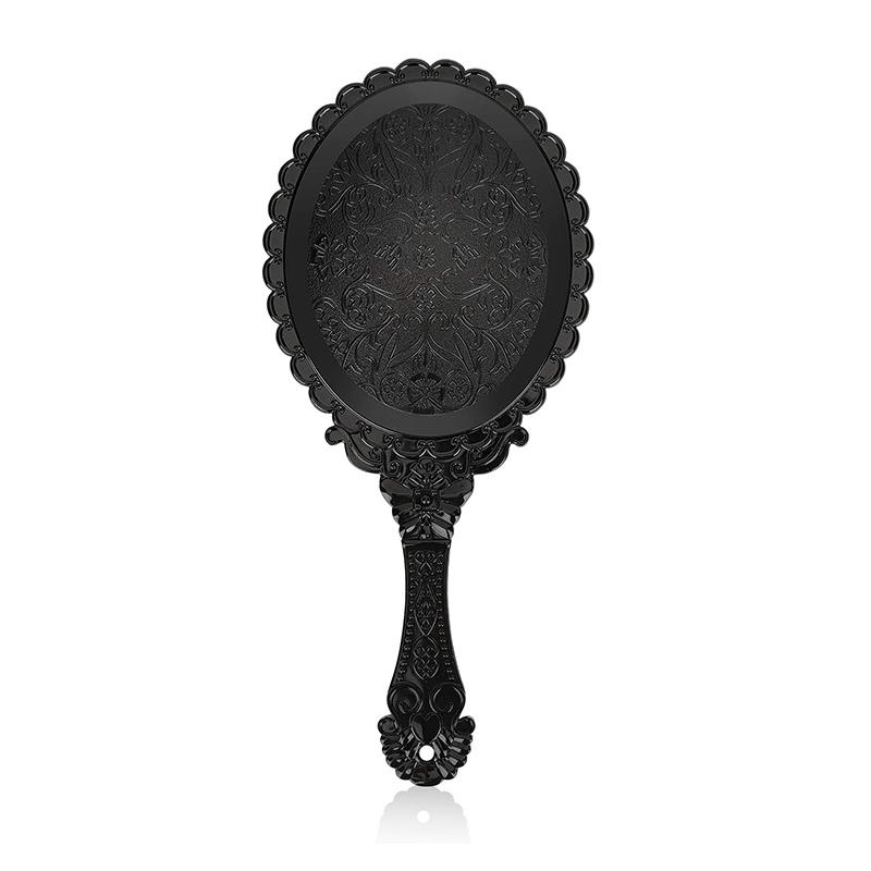 Black plastic vintage with classical embossed flowers desgin handheld makeup mirror