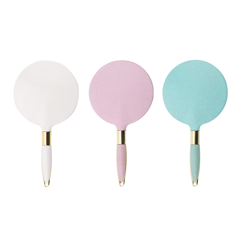 Pink white cyan eco-friendly wheat straw round handheld makeup mirror