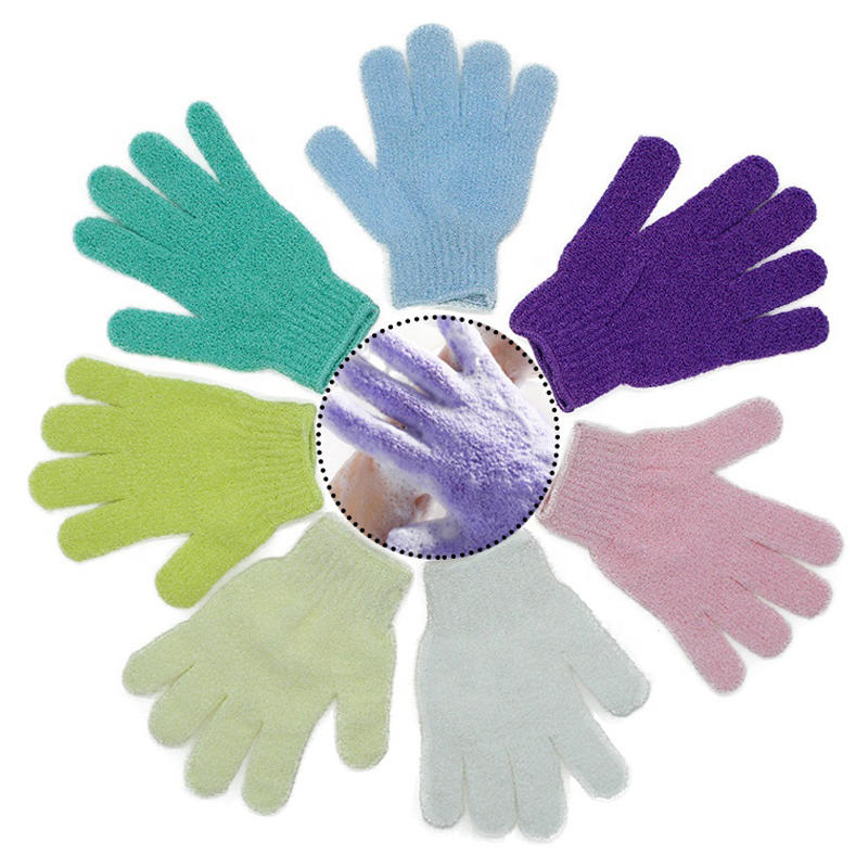 Nylon soild color five-fingers exfoliating bath glove for massage and body scrub