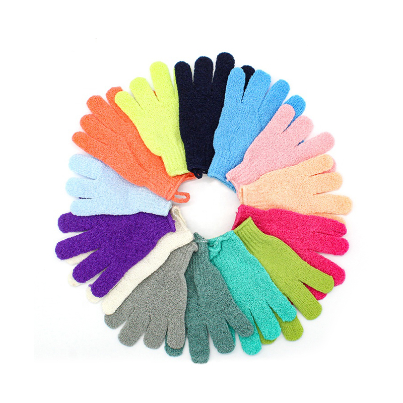 Nylon soild color five-fingers exfoliating bath glove for massage and body scrub