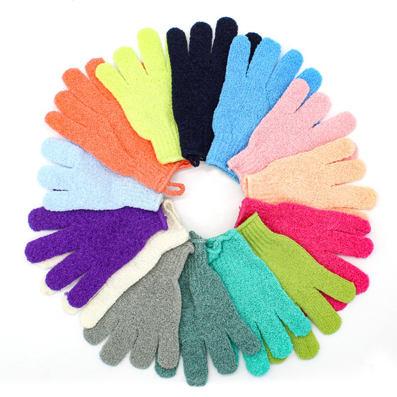 Nylon soild color five-fingers exfoliating bath glove for massage and body scrub