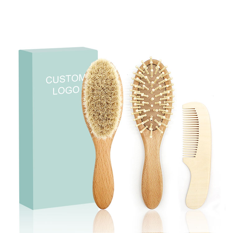 Solid beech wood baby soft bristles hair brush newborn wool hair brush and comb set