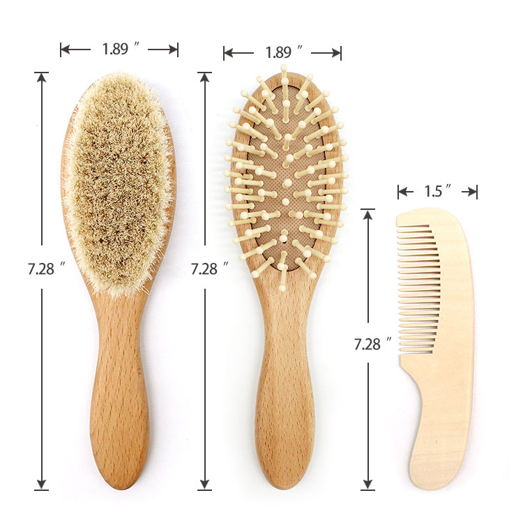 Solid beech wood baby soft bristles hair brush newborn wool hair brush and comb set