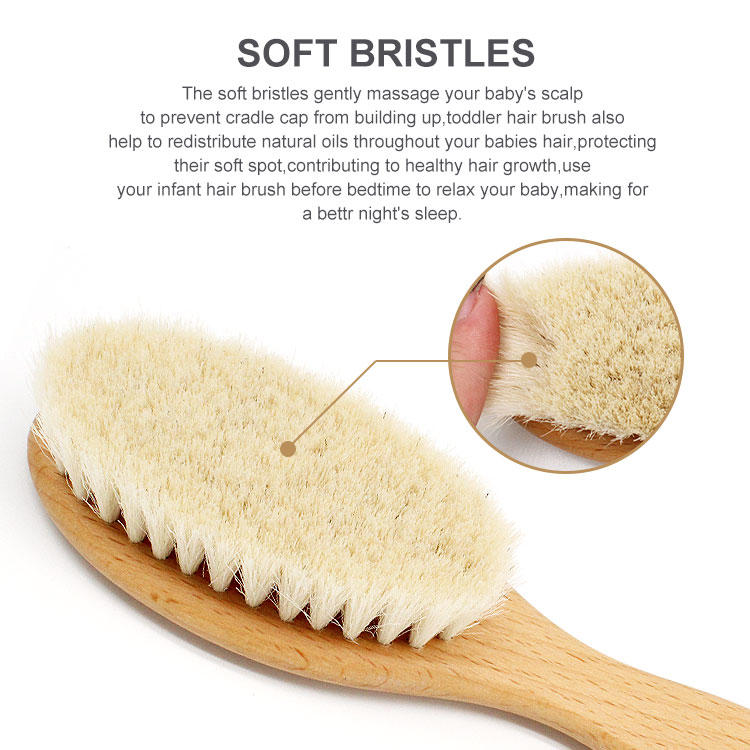 Solid beech wood baby soft bristles hair brush newborn wool hair brush and comb set