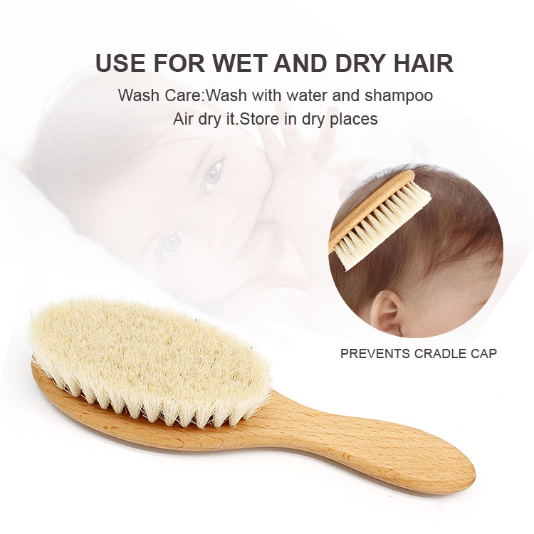 Solid beech wood baby soft bristles hair brush newborn wool hair brush and comb set