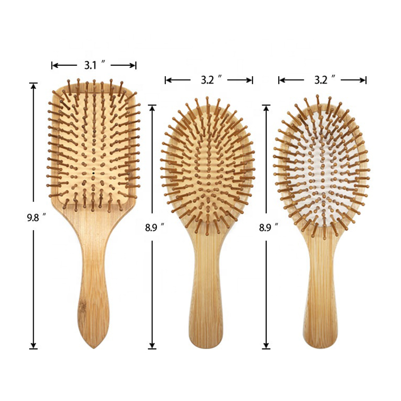 3Pcs Natural bamboo paddle & cushion massage hair brush set