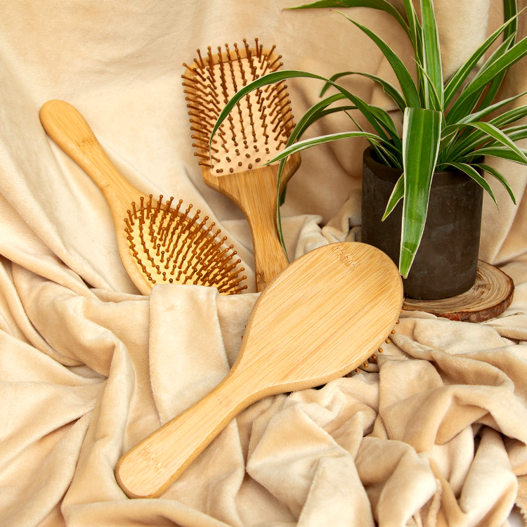 3Pcs Natural bamboo paddle & cushion massage hair brush set