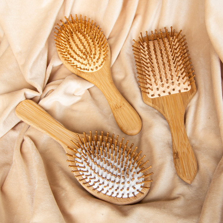 3Pcs Natural bamboo paddle & cushion massage hair brush set