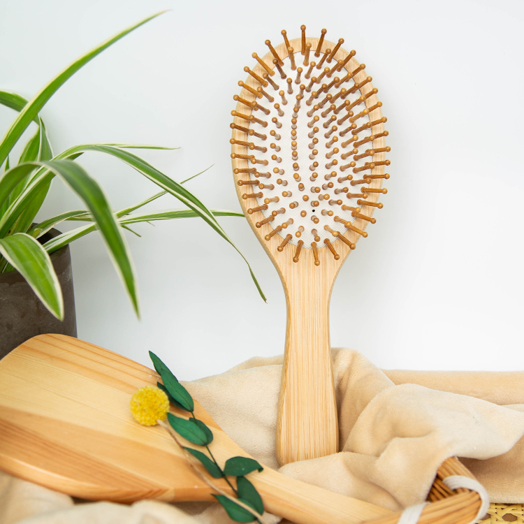 3Pcs Natural bamboo paddle & cushion massage hair brush set