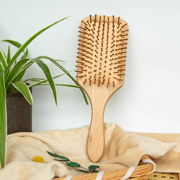 3Pcs Natural bamboo paddle & cushion massage hair brush set