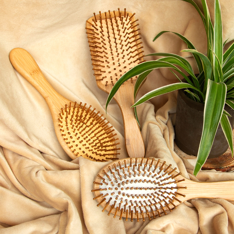 3Pcs Natural bamboo paddle & cushion massage hair brush set