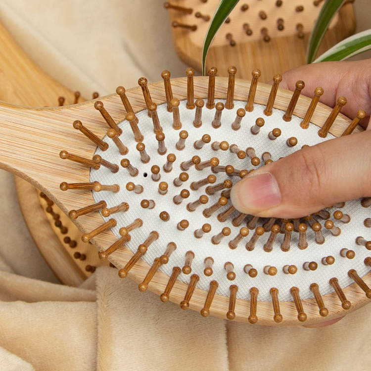 3Pcs Natural bamboo paddle & cushion massage hair brush set