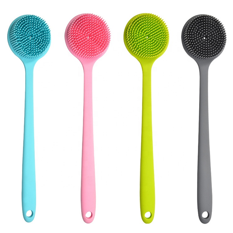 Double sided long handle back scrubber silicone massage exfoliator bath brush