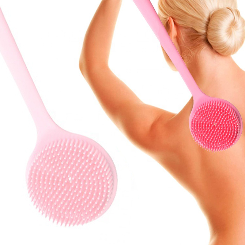 Double sided long handle back scrubber silicone massage exfoliator bath brush