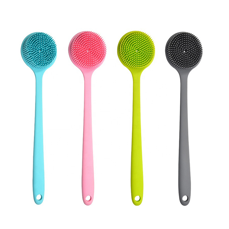 Double sided long handle back scrubber silicone massage exfoliator bath brush