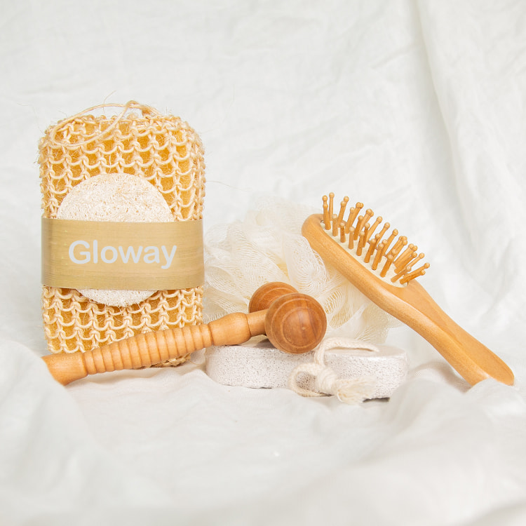6Pcs Wood heart shape box women spa gift set including hair brush pumice stone bath pouf sisal sponge & massager