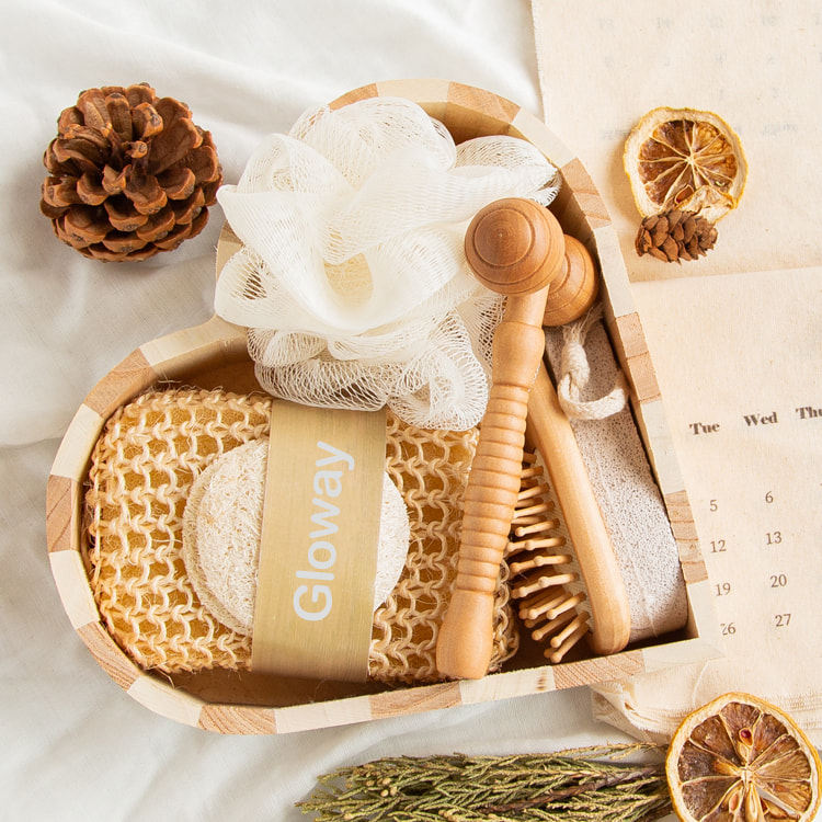 6Pcs Wood heart shape box women spa gift set including hair brush pumice stone bath pouf sisal sponge & massager