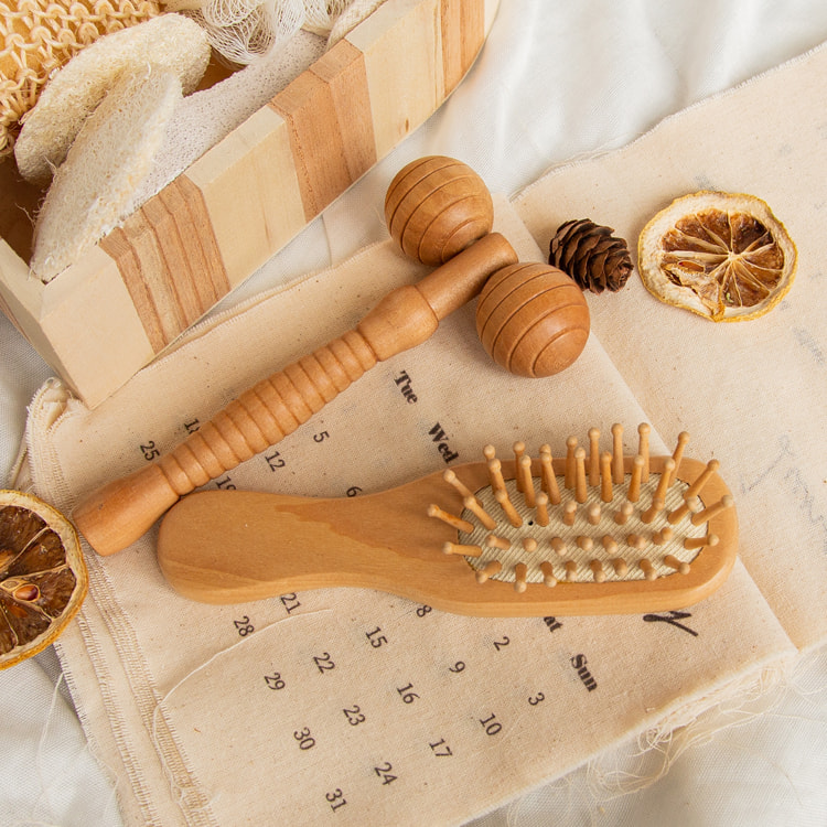 6Pcs Wood heart shape box women spa gift set including hair brush pumice stone bath pouf sisal sponge & massager
