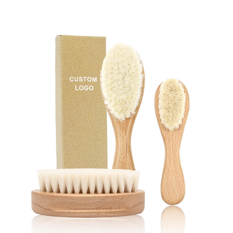 Newborn soft natural soft wool bristles massage scalp wood handle baby hair brush set