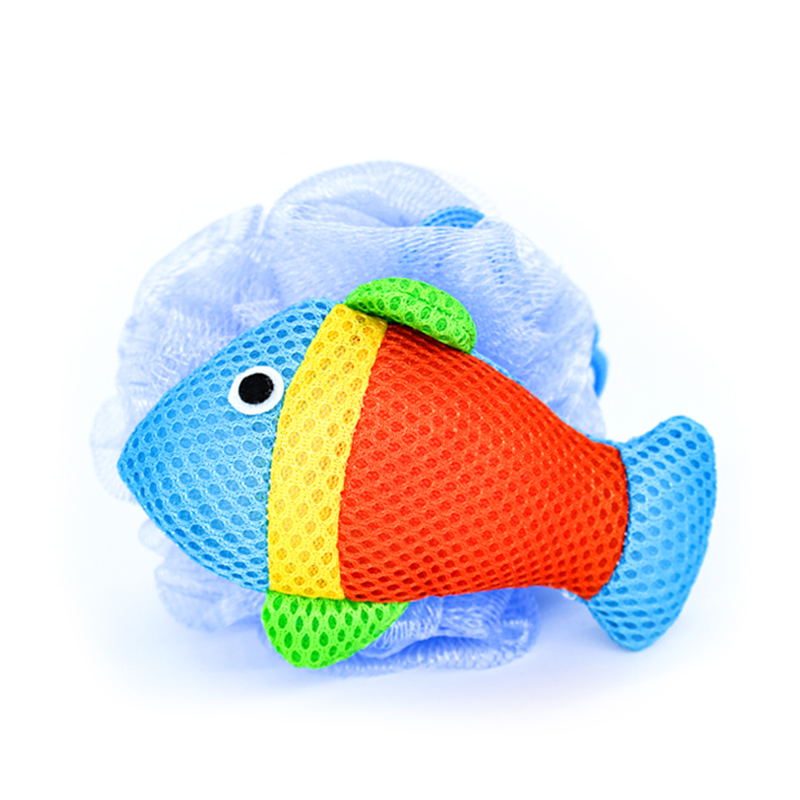 Elastic soft foaming exfoliating cute pe fish shape baby bath mesh pouf ball bath sponge