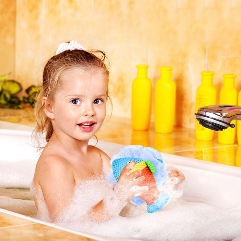 Elastic soft foaming exfoliating cute pe fish shape baby bath mesh pouf ball bath sponge