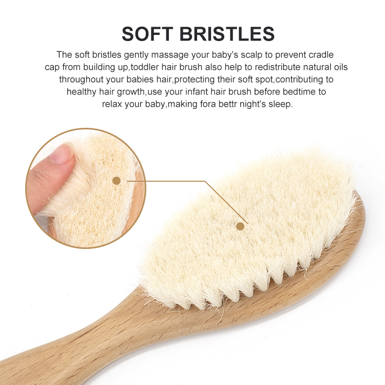 Newborn soft natural soft wool bristles massage scalp wood handle baby hair brush set