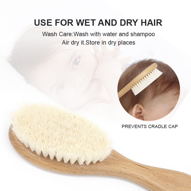 Newborn soft natural soft wool bristles massage scalp wood handle baby hair brush set