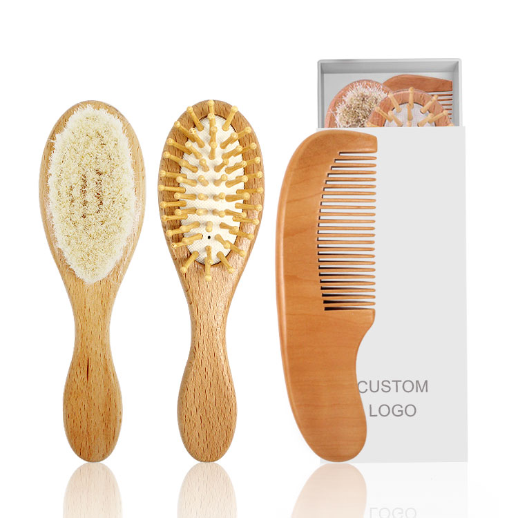 Natural soft wool scalp massage beech wood comb professional newborn baby hair brush set