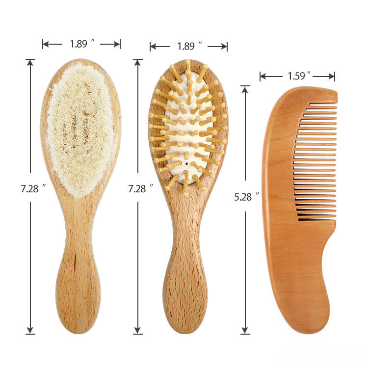 Natural soft wool scalp massage beech wood comb professional newborn baby hair brush set