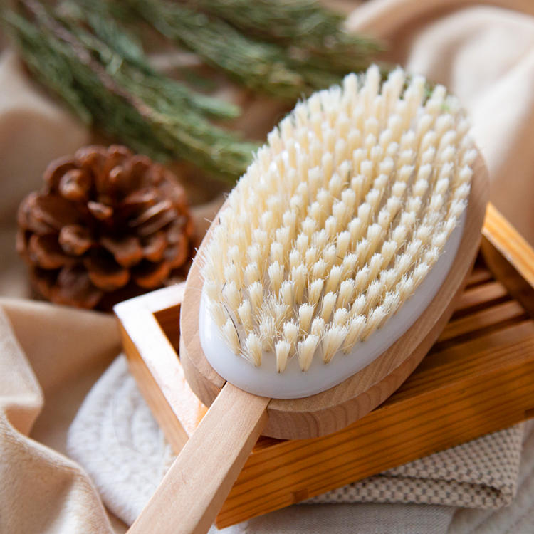 Double sided anti-cellulite long handle wood bath brush for scrub your back