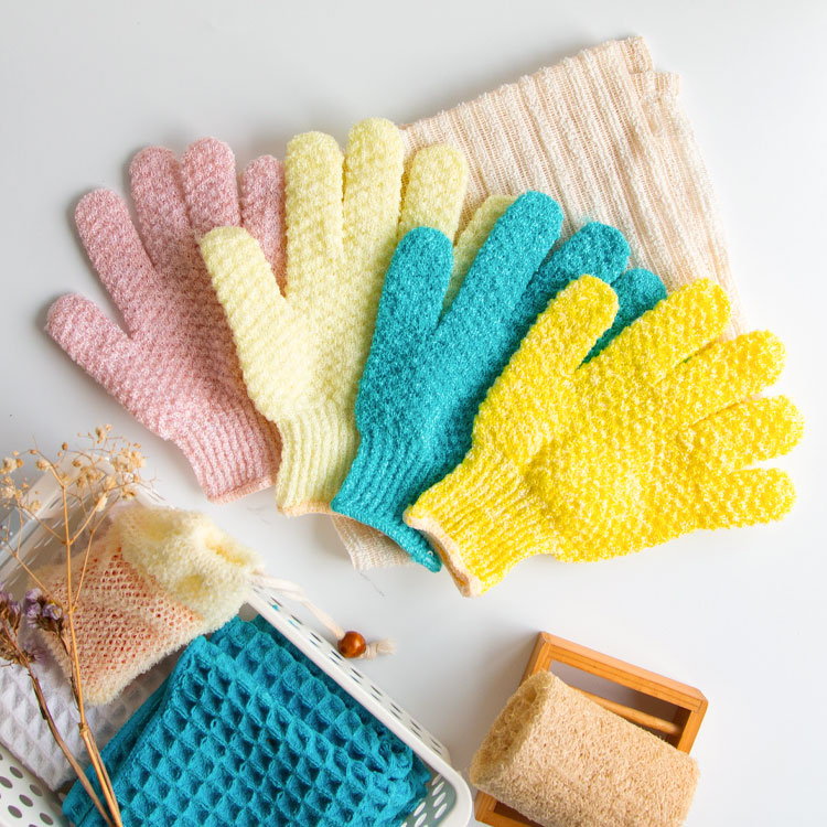 Woven texture five fingers nylon bath exfoliating glove