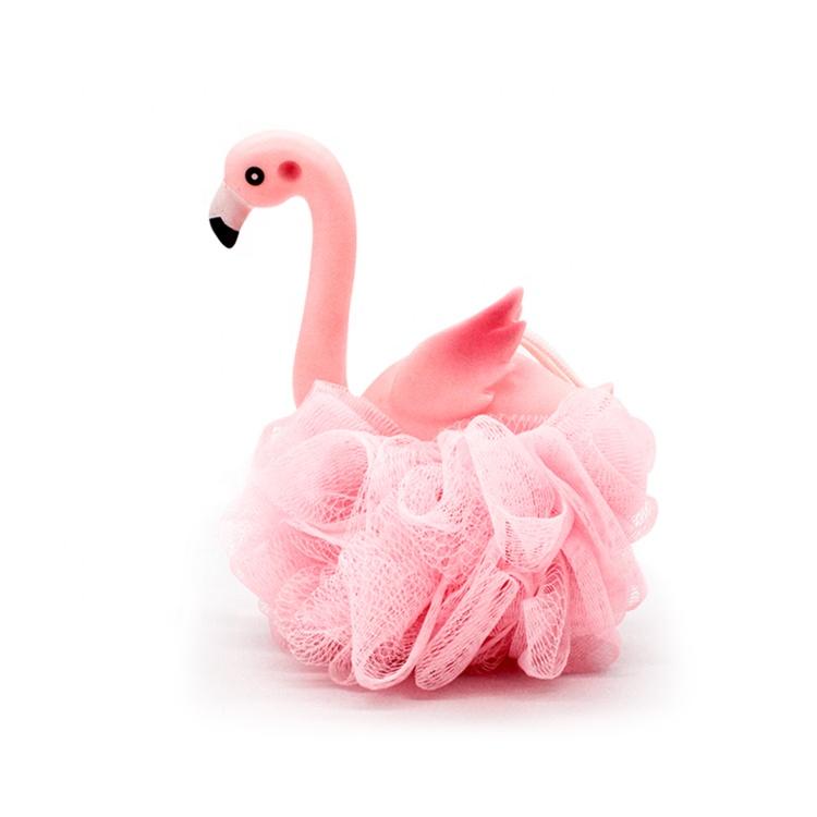 PE Mesh soft cute pink flamingo baby body exfoliating shower balls bath sponge
