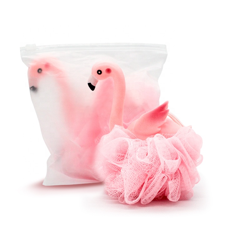 PE Mesh soft cute pink flamingo baby body exfoliating shower balls bath sponge