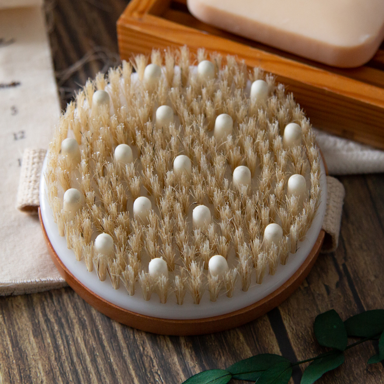 Round Dry Body Massage Boar Bristles Wood Exfoliating Bath Brush with Nodules