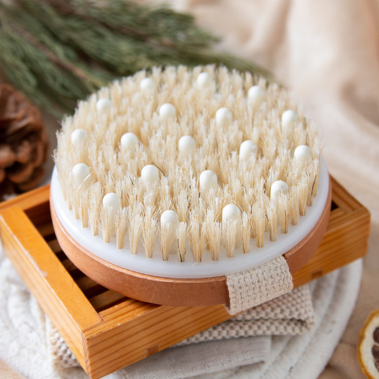 Round Dry Body Massage Boar Bristles Wood Exfoliating Bath Brush with Nodules