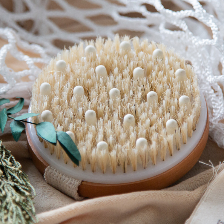 Round Dry Body Massage Boar Bristles Wood Exfoliating Bath Brush with Nodules