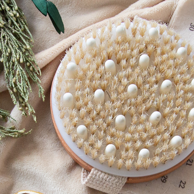 Round Dry Body Massage Boar Bristles Wood Exfoliating Bath Brush with Nodules