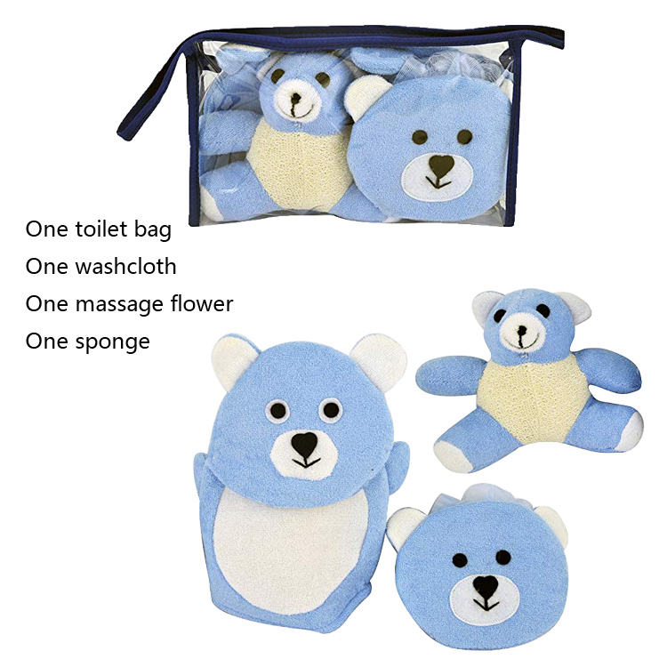 Cute cartoon exfoliating portable loofah bath sponge shower kids baby bath gift set