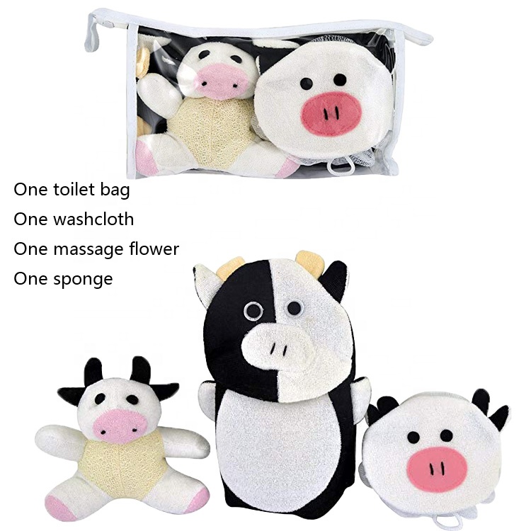 Cute cartoon exfoliating portable loofah bath sponge shower kids baby bath gift set