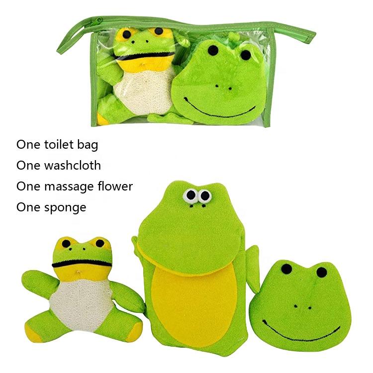Cute cartoon exfoliating portable loofah bath sponge shower kids baby bath gift set