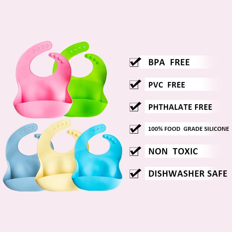 Food grade silicone soft material adjustable waterproof baby bibs with pocket