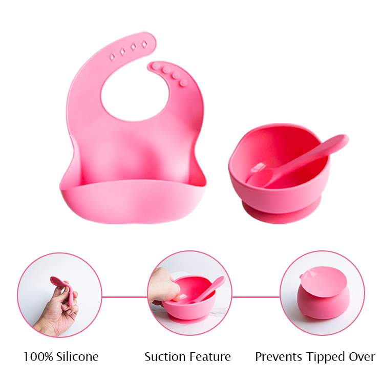 Eco-friendly waterproof adjustable portable soft silicone spoon bowl baby feeding bibs set	