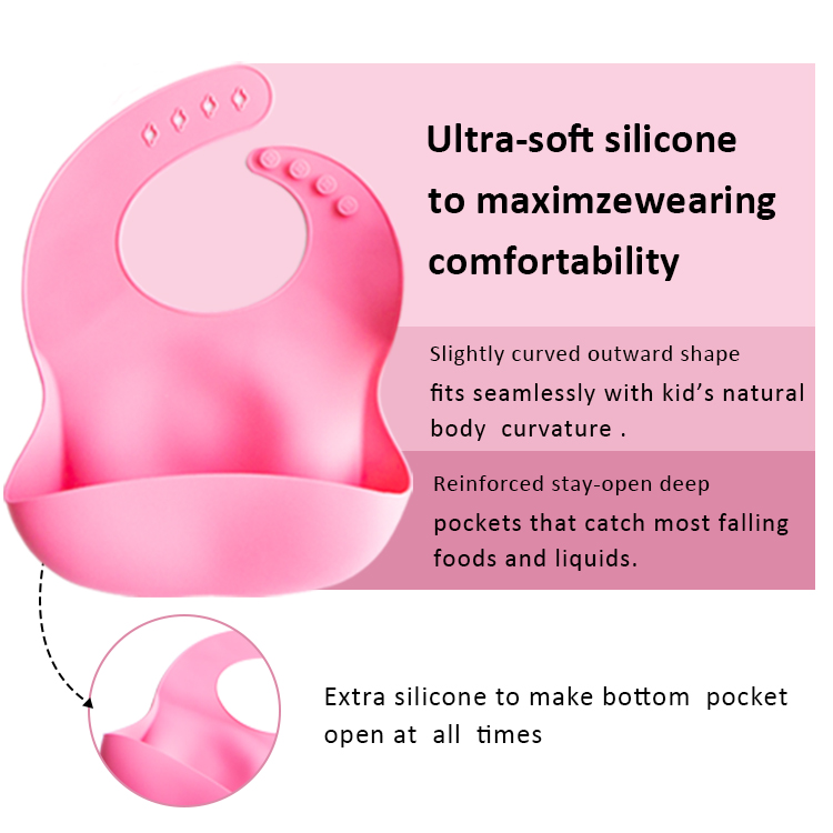 Food grade silicone soft material adjustable waterproof baby bibs with pocket